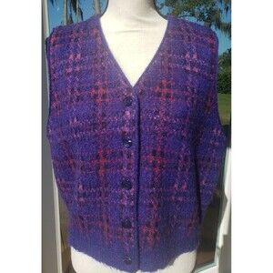 Vintage 90s LizSport Purple Plaid Mohair Button Up Academia Sweater Vest Sz L